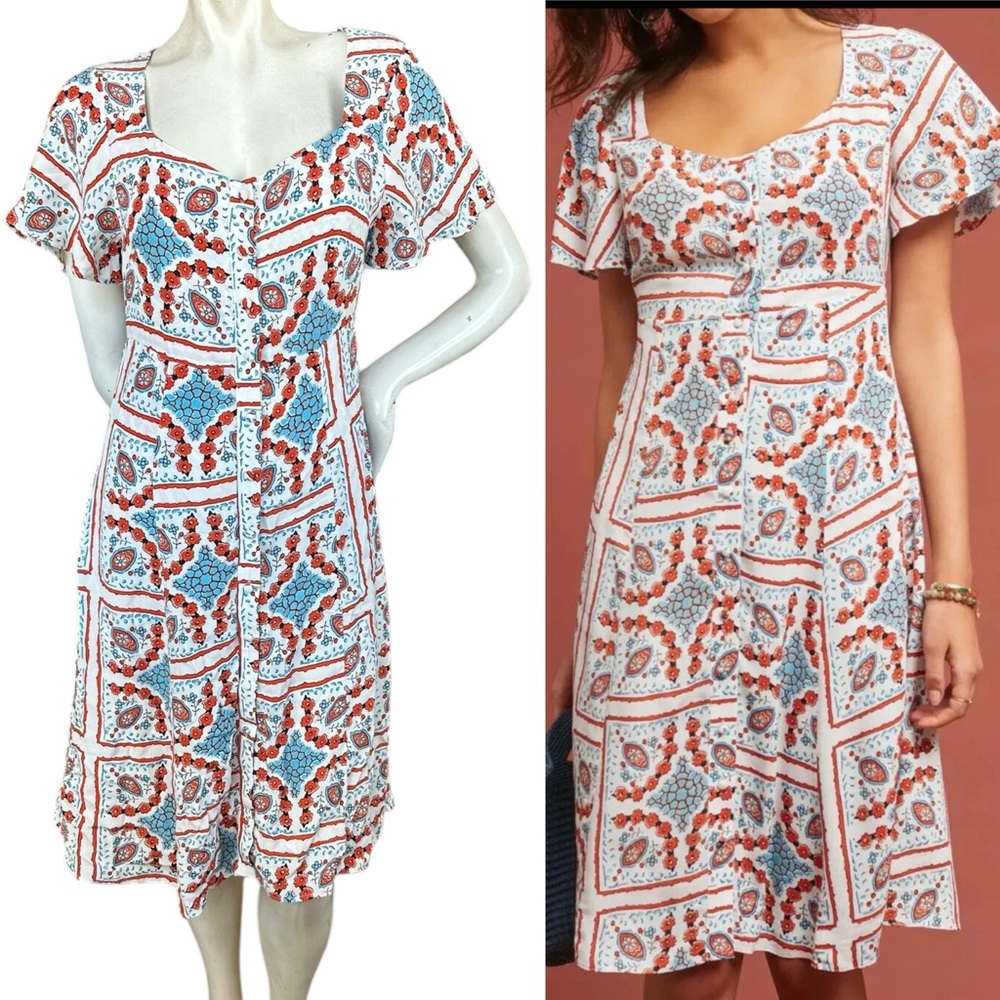 Anthropologie Maeve Praslin Red White Blue Euro Summer Tile Button Down Dress 2